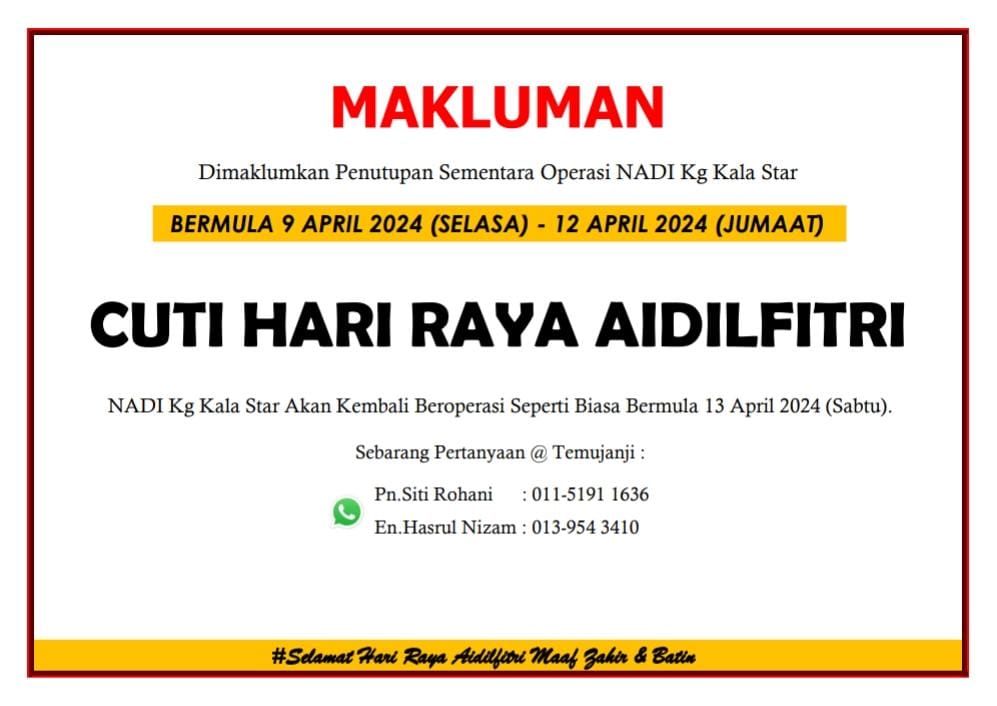 NOTIS PENUTUPAN NADI CUTI HARI RAYA AIDILFITRI