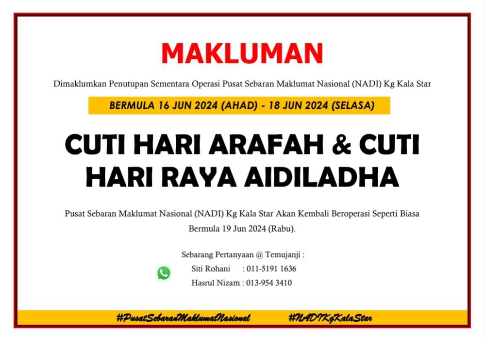 NOTIS PENUTUPAN NADI CUTI HARI RAYA AIDILADHA